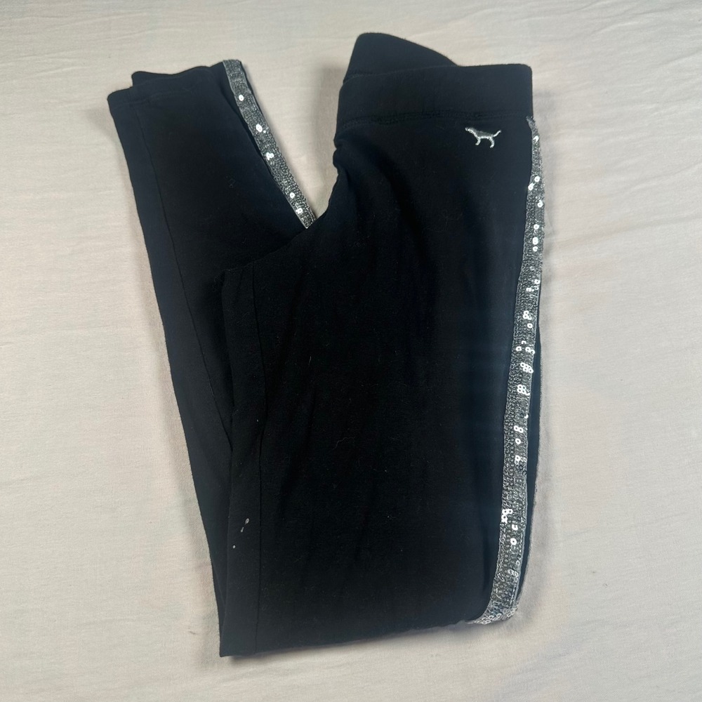 PINK Victoria's Secret Leggings Black Silver Sequin Side Stripe Yoga Pants XS